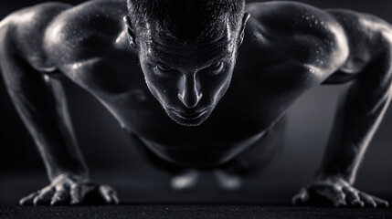 Man performing intense push-up workout, focusing on strength and determination