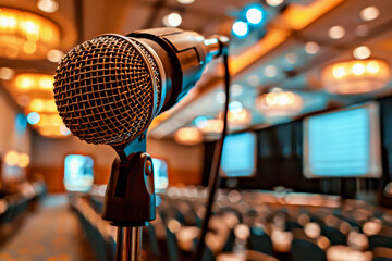 Modern microphone. Close-up view of microphone positioned in conference hall, showcasing blurred audience in background, with soft lighting creating inviting atmosphere for presentations and speeches