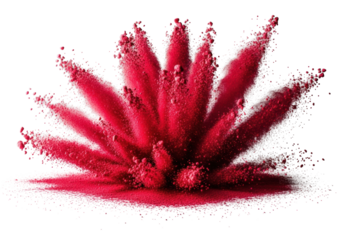Luminous ruby-red ultra-fine powder particles, crimson and scarlet, erupting powerfully in an extreme macro close-up with dramatic backlighting on a transparent background, concept of explosive energy