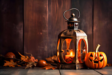 Halloween. Vintage lantern with warm glow highlights carved pumpkin, surrounded by colorful autumn leaves on rustic wooden table, creating cozy and inviting seasonal atmosphere