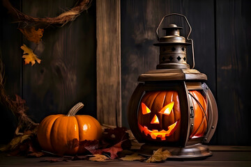 Halloween. Halloween lantern illuminates carved pumpkin with spooky face, surrounded by vibrant autumn leaves, creating warm and inviting atmosphere for seasonal celebrations