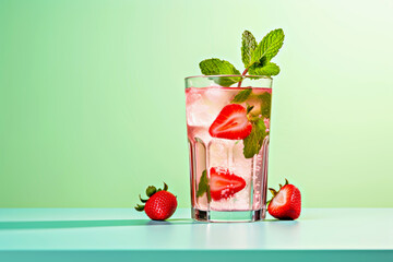 Refreshing cocktail or mocktail featuring fresh strawberries and mint leaves served in clear glass filled with ice, set against vibrant green backdrop, creating lively and inviting atmosphere