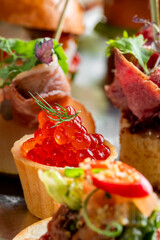 Assortment of gourmet canapés with red caviar, smoked meat, and fresh herbs, perfect for catering,...
