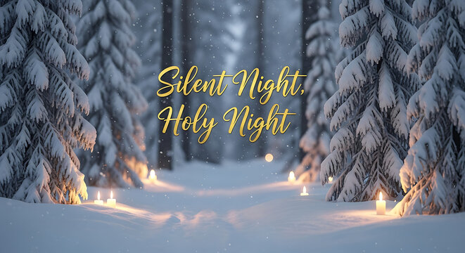 Golden script text "Silent Night, Holy Night", peaceful winter forest style, snowy path with glowing candles, Christmas serenity concept with limited copy space - Powered by Adobe