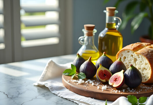 A Culinary Still Life: An inviting array of ripe figs, crusty bread, and olive oil, artfully arranged on a wooden board, set against a backdrop of natural light. 
