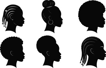 Black hairstyle silhouette profiles, afro braid bun puff styles, cultural hair reference, diversity design elements, flat vector, cad drawing illustration