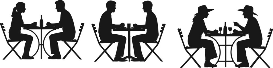Café conversation silhouettes, dining table poses, social interaction reference, seated figures with drinks, flat vector, cad drawing illustration