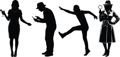 Character silhouette vector, detective pose icon, dancing figure illustration, stylish woman graphic, cad drawing flat vector illustration