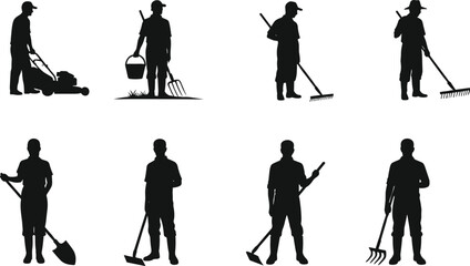 Gardening worker silhouettes, tool usage poses, shovel rake hoe pitchfork, landscaping activity reference, flat vector, cad drawing illustration