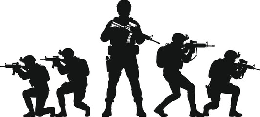 Military soldier silhouette, tactical team formation, armed forces vector, combat pose illustration, black army squad, war ready troops, cad drawing flat vector illustration