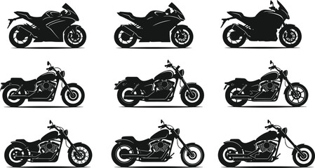 Motorcycle silhouette collection, sport bike vector, cruiser bike icon set, black motorbike shapes, cad drawing flat vector illustration © Mahedi
