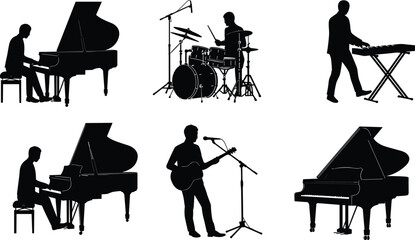 Musician silhouette set, piano and guitar icons, drum and keyboard figures, black vector illustration, cad drawing, flat vector illustration © Mahedi