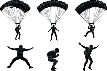 Parachute descent silhouette, skydiving landing vector, airborne motion icon, extreme sport graphic, cad drawing flat vector illustration