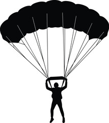 Parachute silhouette icon, skydiving person graphic, black vector illustration, aerial descent symbol, cad drawing, flat vector illustration, extreme sport