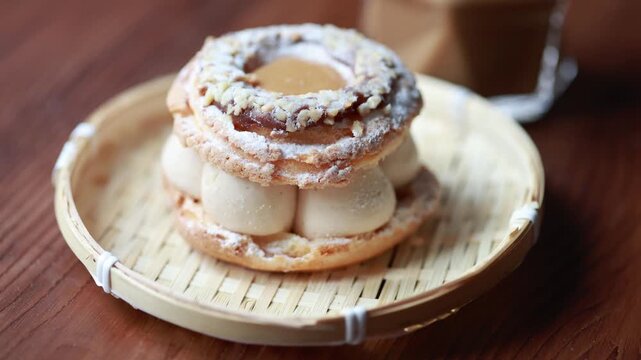 Close-Up of Pistachio and Pumpkin Christmas Paris-Brest Dessert