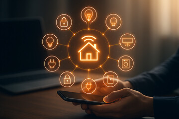 Hand holding a phone controls a smart home system, illustrated by glowing icons for security, lighting, heating, and household appliances.