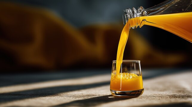 Jus d'orange frais vers&eacute; dans un verre depuis une bouteille transparente