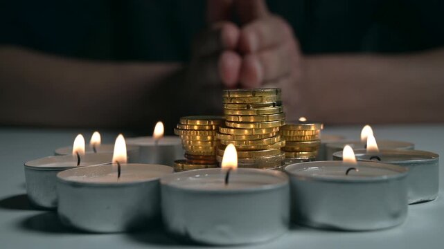Hands of Man Praying Around a Circle of Burning Candles with a Stack of Coins Inside &ndash; Concept of Faith, Hope, and Wealth