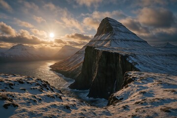 Majestic Mountain at Sunrise Over Serene Waters with Snow-Capped Peaks