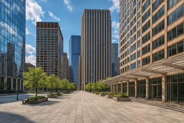Modern Urban Plaza Surrounded by Skyscrapers and Lush Greenery