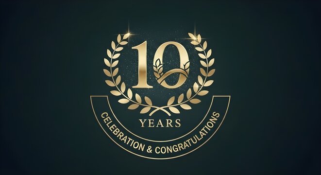 Elegant golden laurel wreath emblem celebrating 10 years of business, with text 10 years celebration congratulations