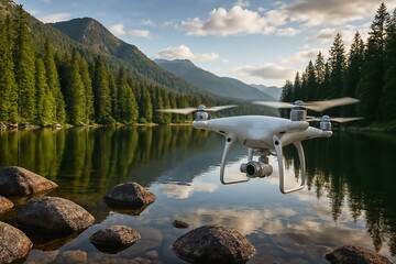 Aerial View of a Drone Flying Over a Tranquil Mountain Lake Surrounded by Lush Evergreen Forests
