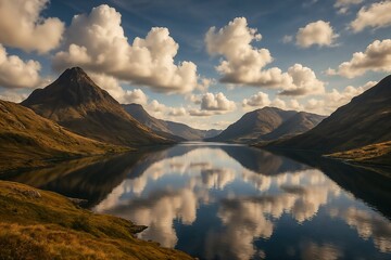 Stunning Mountain Landscape Reflected in Tranquil Serene Lake Under a Dramatic Sky