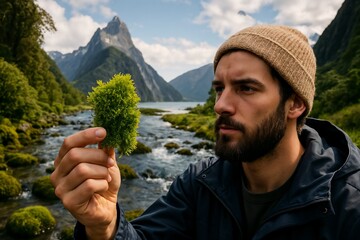 Introspective Man Holding Green Moss in Scenic New Zealand Landscape