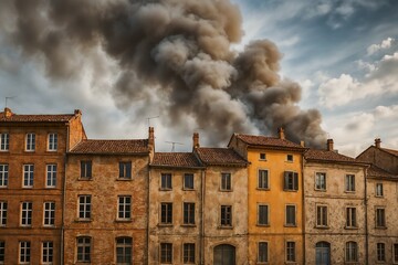 Historic Building Facade with Smoke Rising in the Background Against a Dramatic Sky