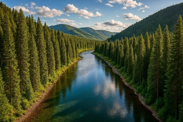 Tranquil Mountain River Flowing Through Lush Pine Forests Under a Blue Sky
