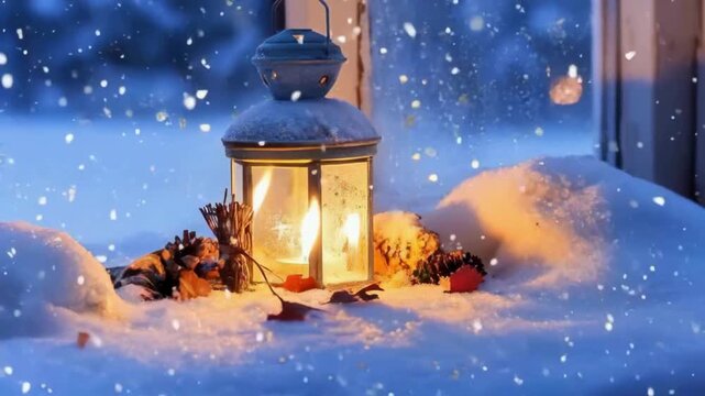 A festive Christmas scene featuring lamp,Christmas ambience, snow falling outside, Christmas ambience videos, Christmas decoration, snow falling outside, Christmas lights and snow falling