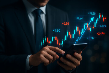 Holographic Business Growth: Professional hand holding a glowing blue bar chart showing exponential success and upward trend