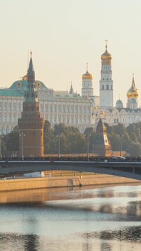 Hyper lapse. Moscow Kremlin and morning sun. View from the Patriarshy Bridge, Russia