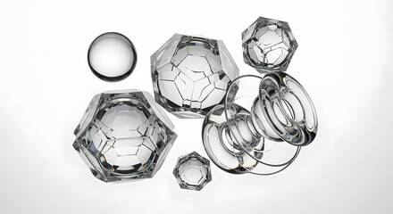 Geometric Glass Sculpture Collection: Modern Transparency Still Life with Faceted Forms, Spheres, and Interlocking Rings on White Backdrop