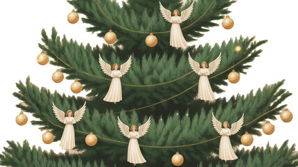Classic Christmas Tree with Golden Ornaments and Angels on Transparent Background