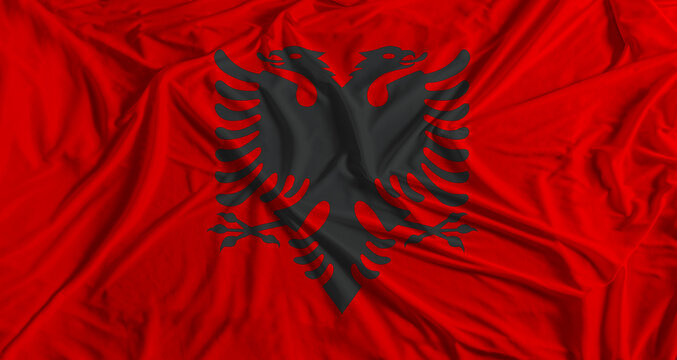 Albanian flag with fabric texture background. National flag of Albania with cloth texture