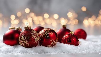 Group of Shiny Red Christmas Ornaments Resting on a Layer of Fresh Snow with Bright Silver Bokeh Lights and Ample Copy Space