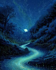 Obraz premium Celestial River of Light Winding Through a Mystical Midnight Forest.