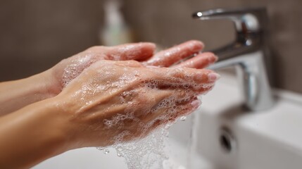 Fototapeta premium young woman washing cleansing soapy hands in bathroom to prevent coronavirus infection cleaning skin care in foamrubbing hands rinsing with running water covid 19 protection concept close up view no 