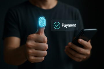 Man uses a smartphone and authenticates a successful mobile payment with a thumbs-up gesture displaying a glowing, futuristic fingerprint scan.