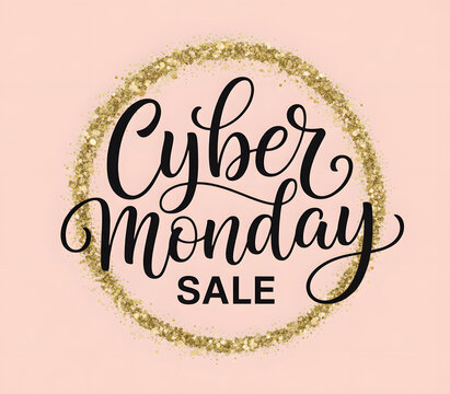 Elegant cyber monday sale text with a sparkling gold glitter circle on a soft pink background