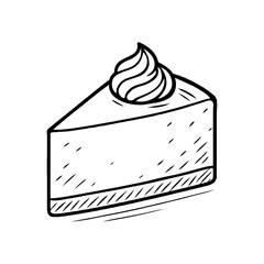 Hand-drawn slice of cheesecake with whipped cream topping in sketch style on white background, concept of dessert and bakery art