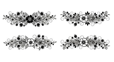 Elegant floral scrollwork designs in black and white repeating patterns