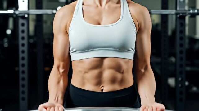 Woman in sports bra and leggings performs lifting barbell exercise on biceps in gym. Fitness training and healthy lifestyle