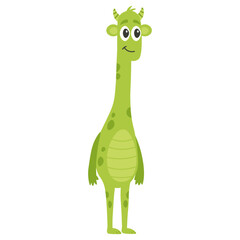 Cute green cartoon monster character. Funny alien creature. Happy fantasy animal illustration