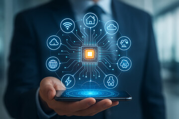 Person controls a comprehensive smart home system using a mobile phone, with glowing icons for various connected devices and appliances.