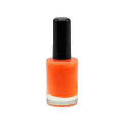 Glass bottle of bright orange nail polish isolated on white background