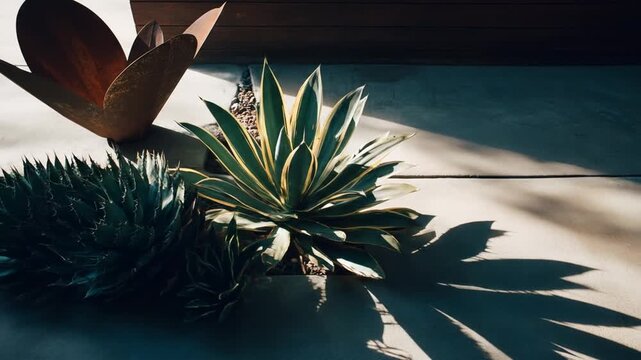Close up of agave plant with sunlight casting interesting shadows