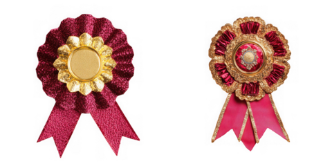Two decorative rosettes with glittery fabric and gold accents, isolated on transparent background