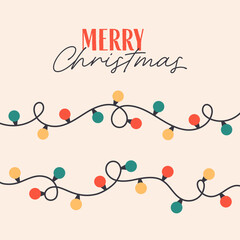 Cute simple Christmas greeting card with garland lights. Festive colorful holiday decoration. Perfect for cards, invitations, posters, home decor, and seasonal design. Flat vector illustration